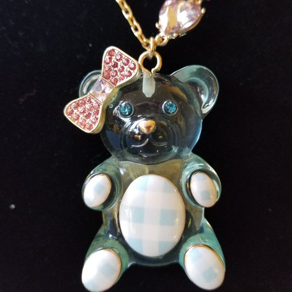 🧸🩵🎀Betsey Johnson Lucite Girly Teddy Bear Necklace - NWT🎀🩵🧸 - Picture 1 of 9